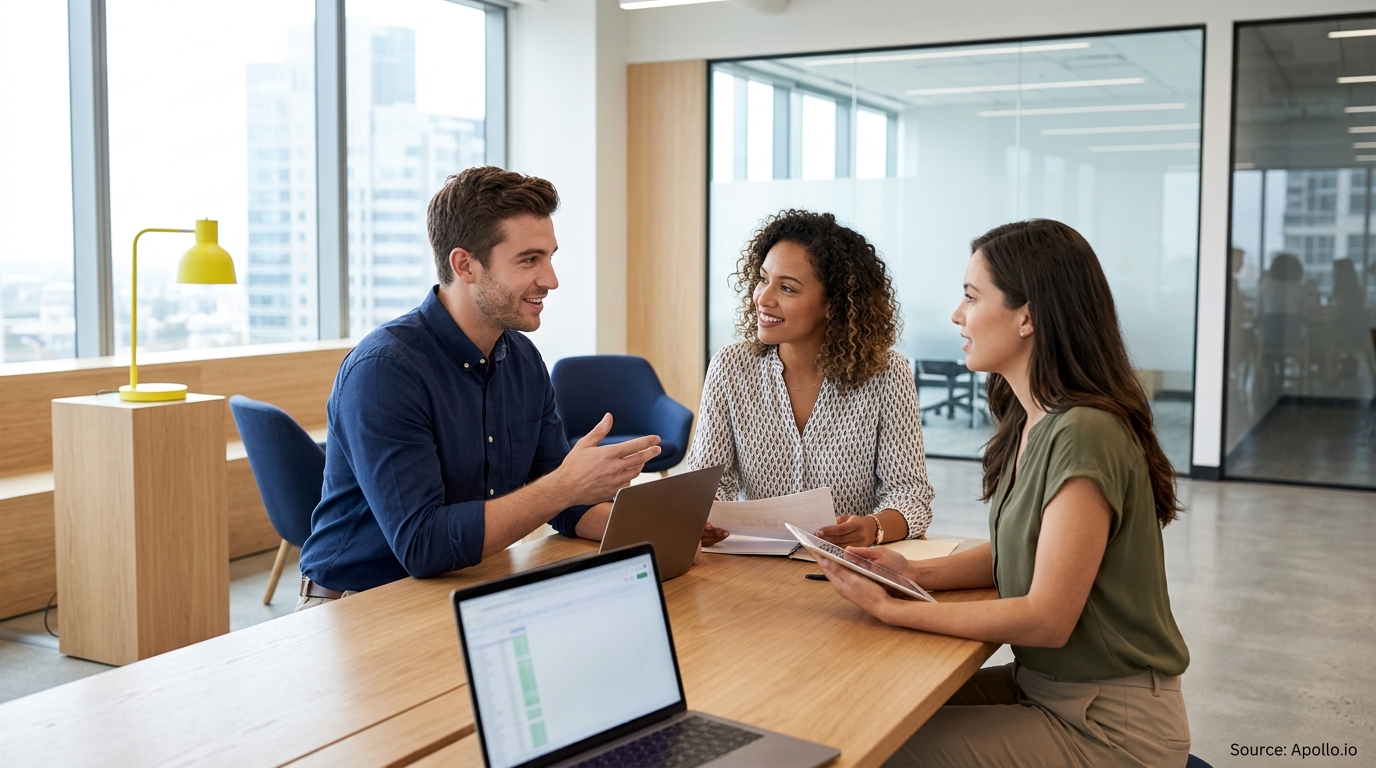 Three professionals collaborate at a wooden table in a modern office using laptops and a digital tablet.