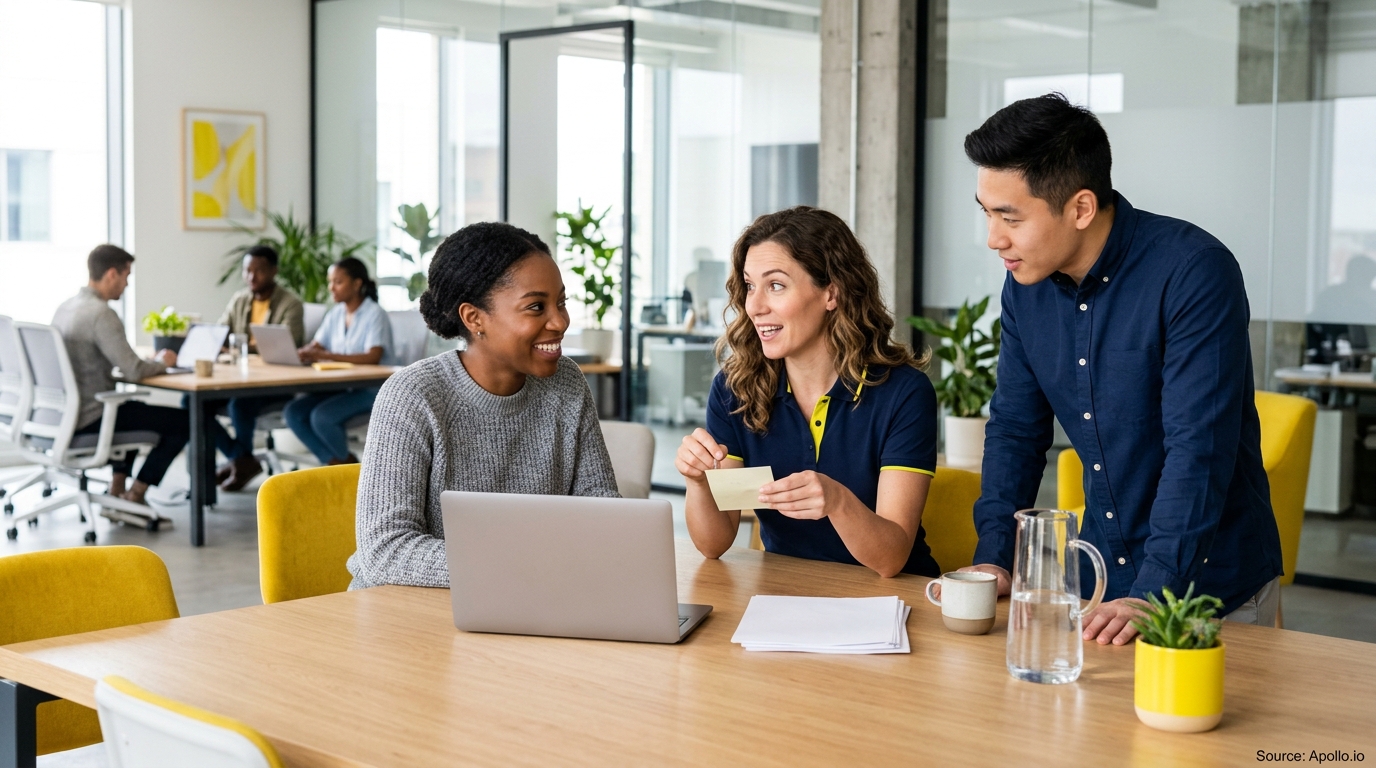 Three colleagues collaborate and discuss notes around a laptop at a wooden table in a modern office.
