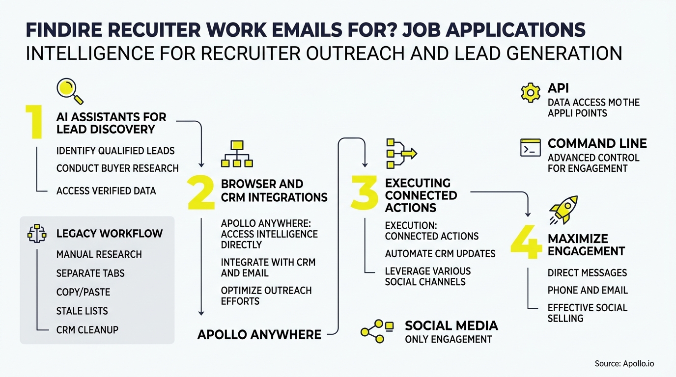 An infographic displaying a four-step lead discovery and outreach workflow with numbered stages and icons.