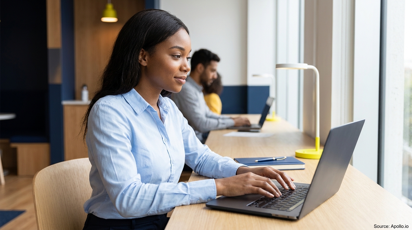 A woman types on a laptop at a wooden desk alongside colleagues in a bright, modern office space.