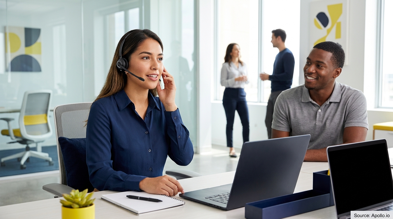 Four professionals work in a bright modern office, including a woman wearing a headset on a call.