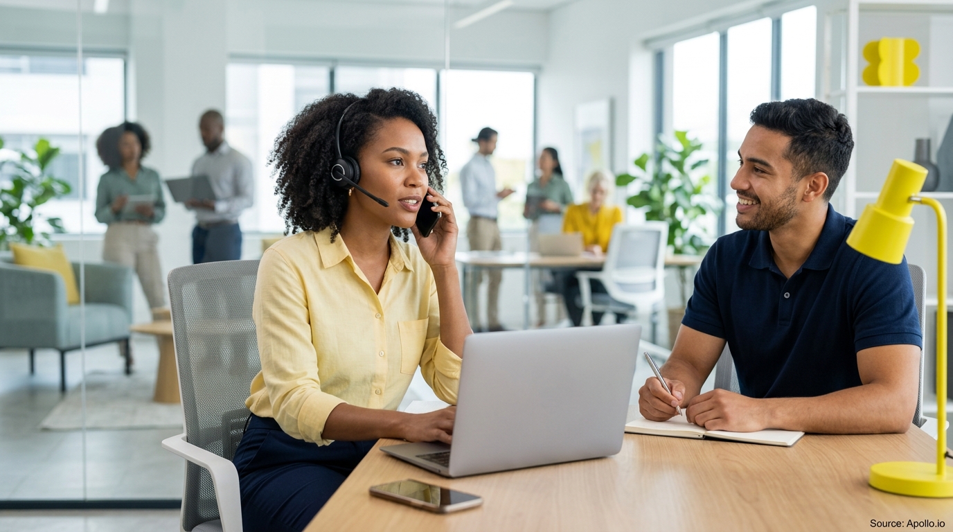 A woman wearing a headset talks on a phone while a colleague takes notes in a busy office.
