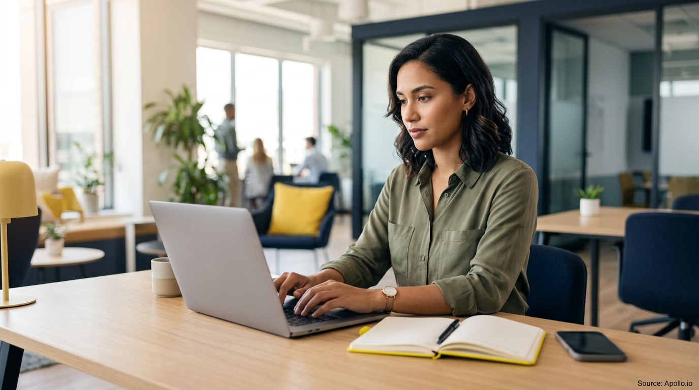 A professional woman types on a laptop in a modern office with three colleagues in the background.