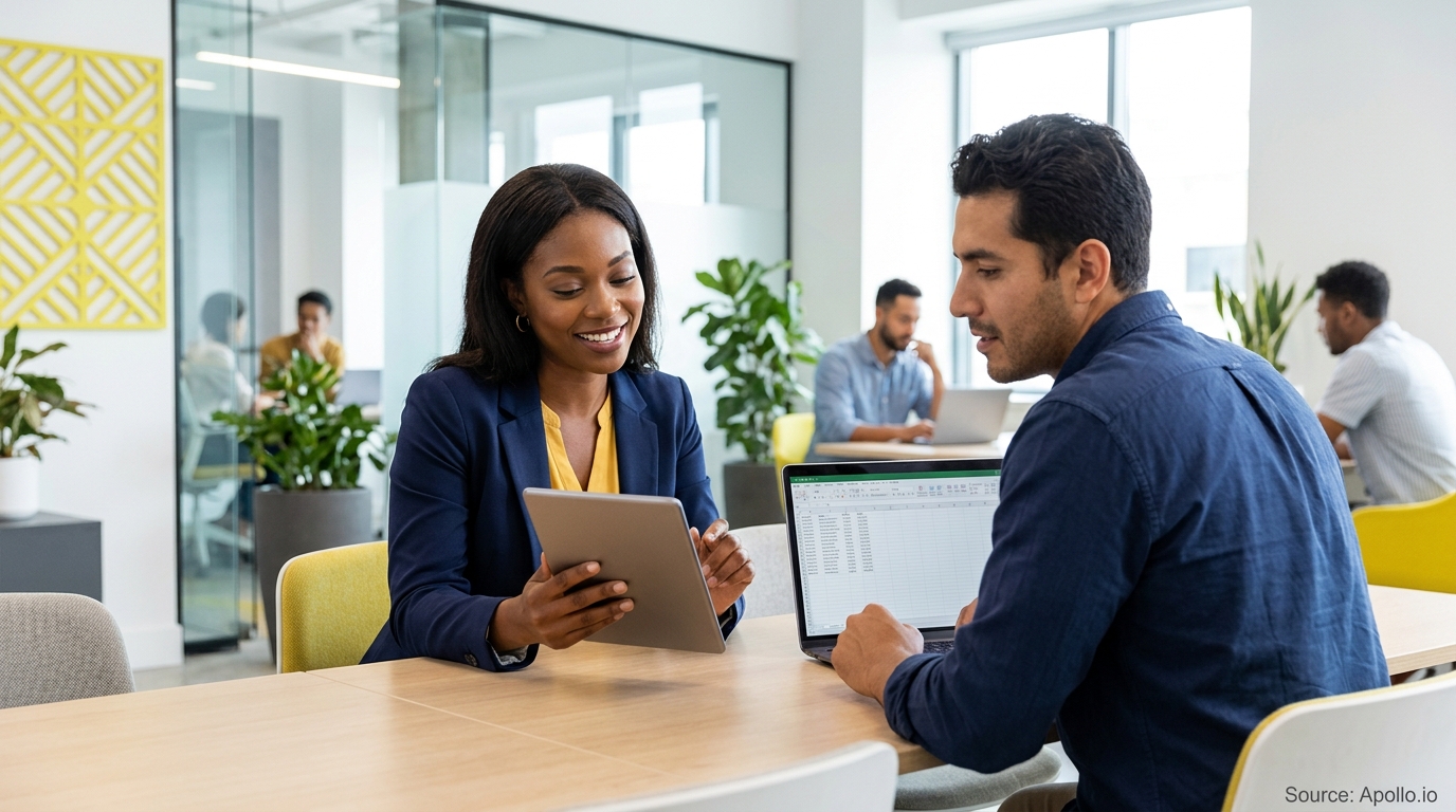 Two professionals collaborate using a tablet and laptop at a table in a bright, modern office.