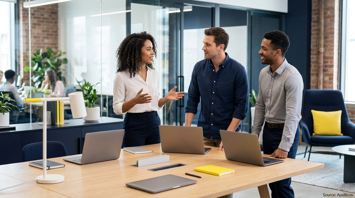 Three professionals discuss work around a table with laptops in a modern, open-plan office.