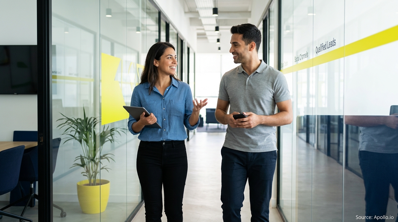 Two colleagues talk while walking through a bright office corridor, holding a tablet and a smartphone.