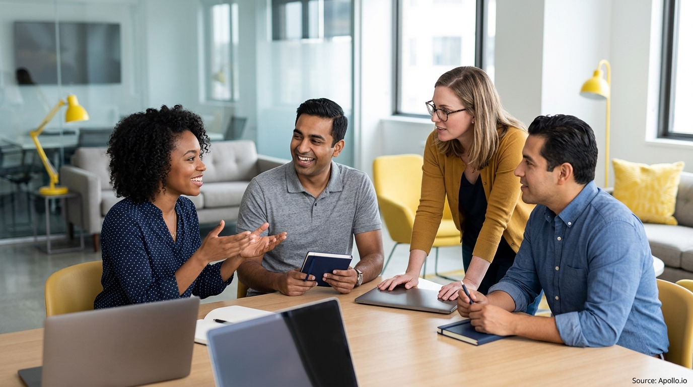 Four diverse professionals collaborate around a wooden table in a bright, modern office environment.