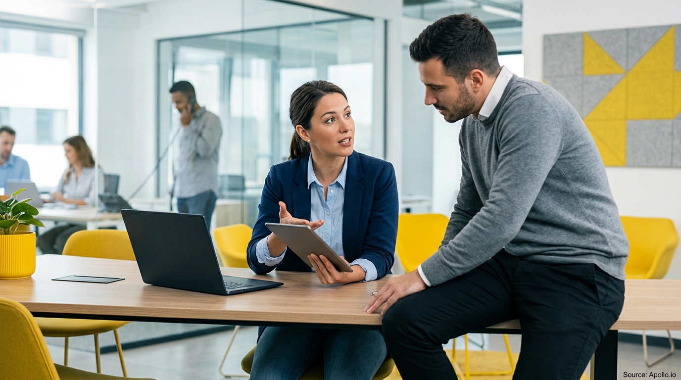 Two professionals discuss information on a tablet at a desk in a bright, modern open-plan office.