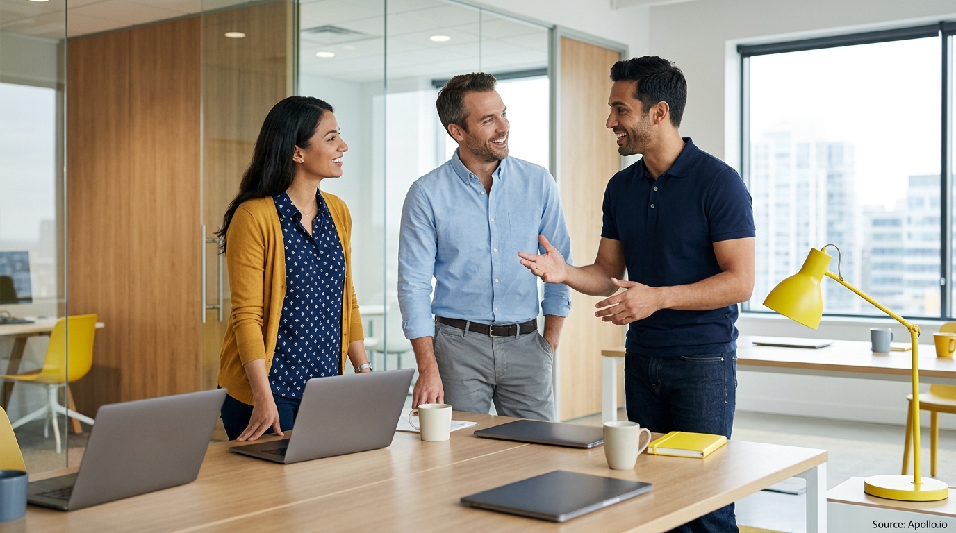 Three professionals talk and smile around a wooden table in a bright, modern office with laptops and mugs.