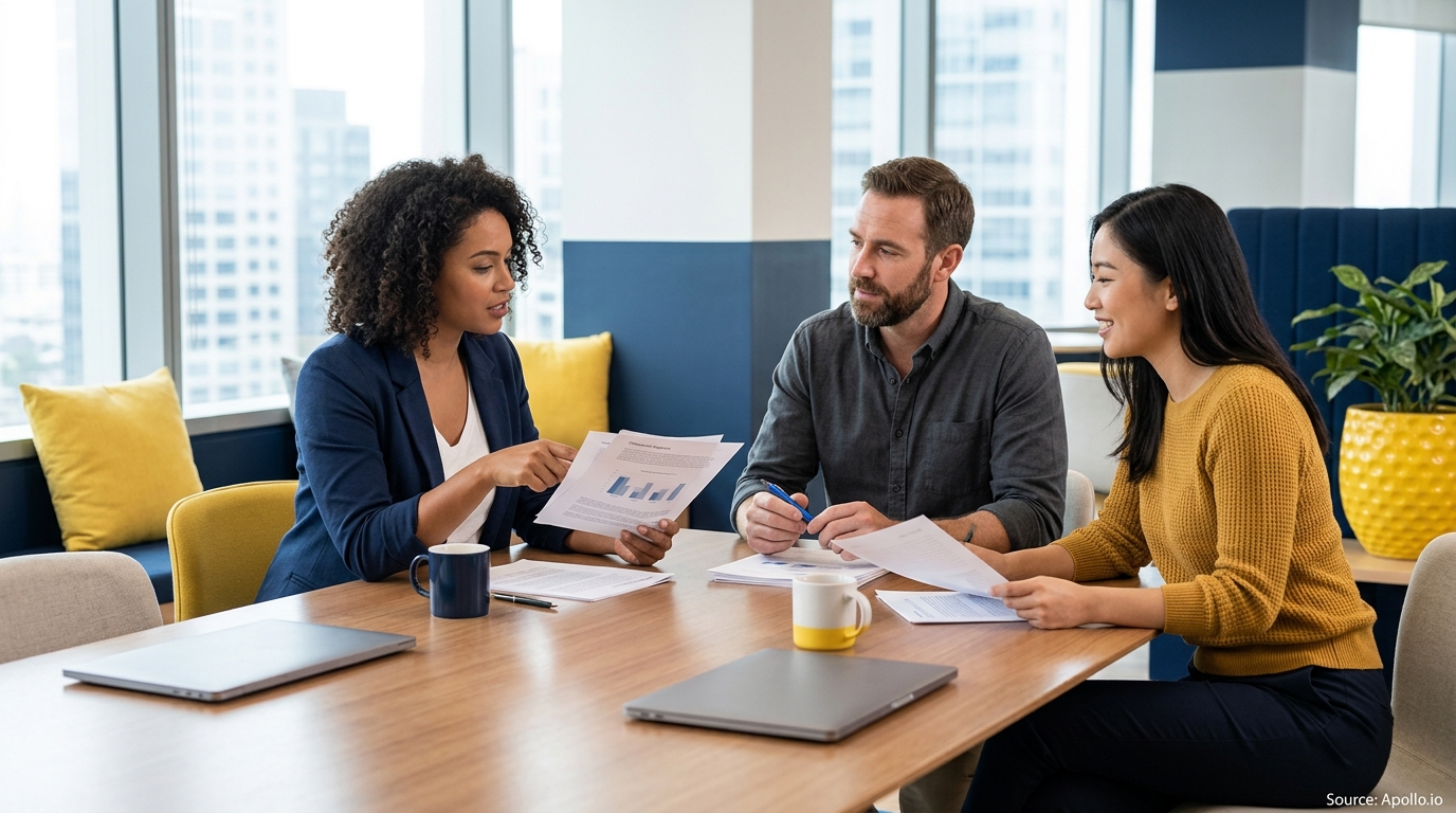 Three professionals review documents and charts around a wooden table in a bright, modern office.