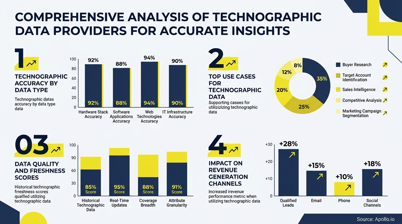 Four data charts display technographic accuracy, top use cases, quality scores, and positive revenue impact on marketing channels.