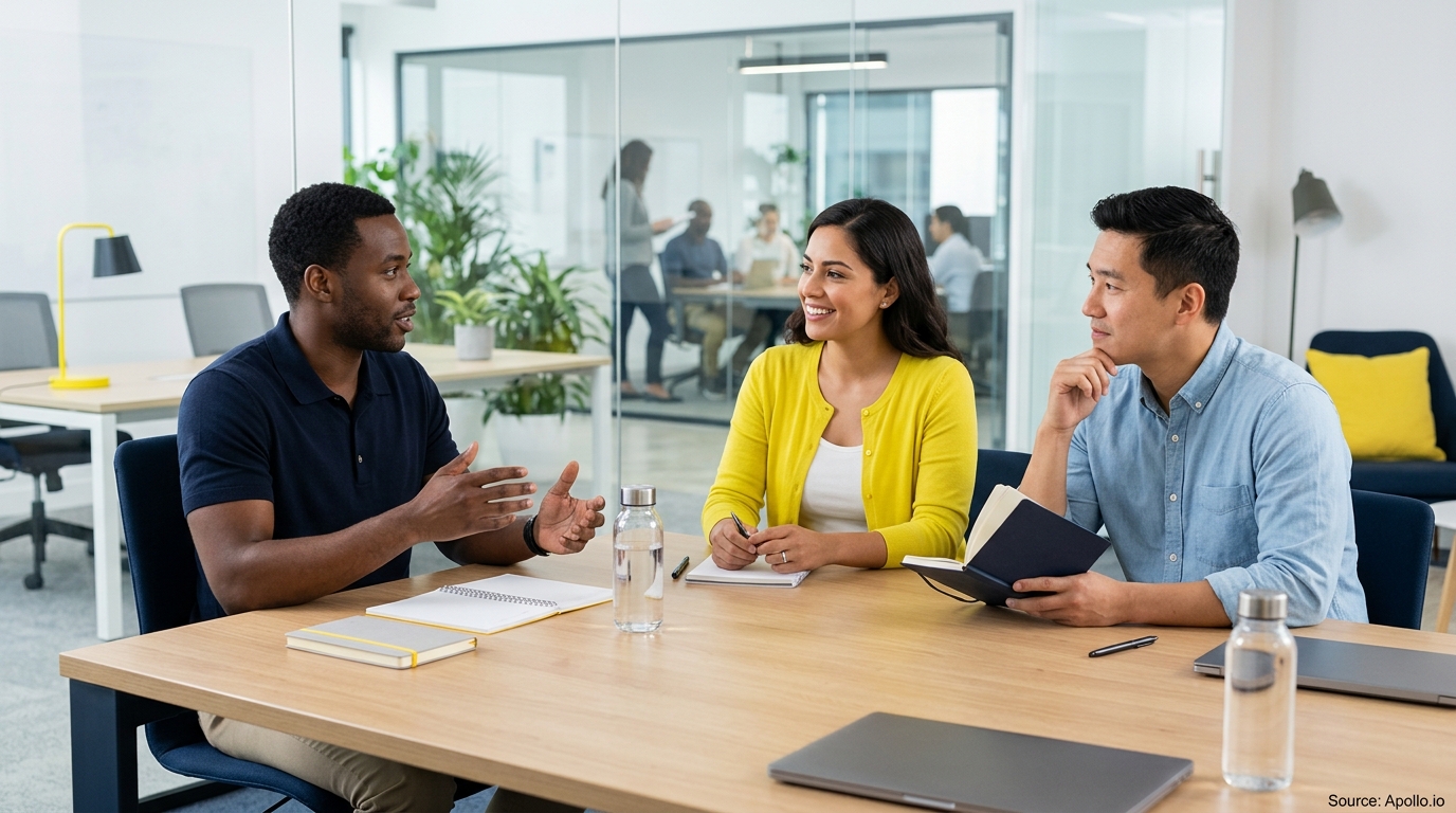 Three professionals discuss business while sitting at a wooden conference table in a bright, modern office.