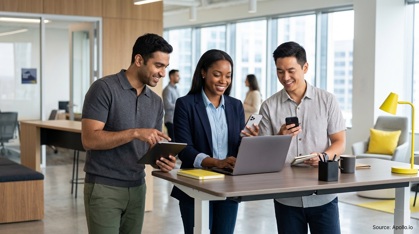 Three professionals using a laptop, tablet, and smartphones at a standing desk in a modern office.