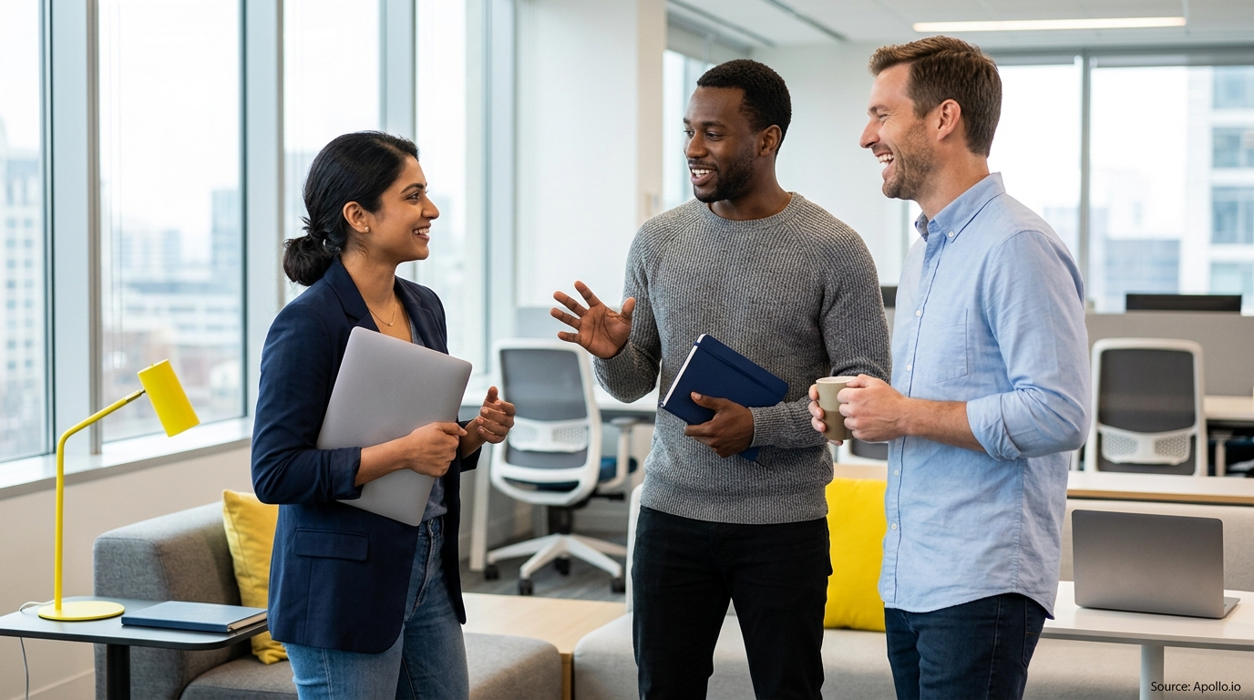 Three professionals smile and converse in a bright, modern office while holding a laptop and notebook.