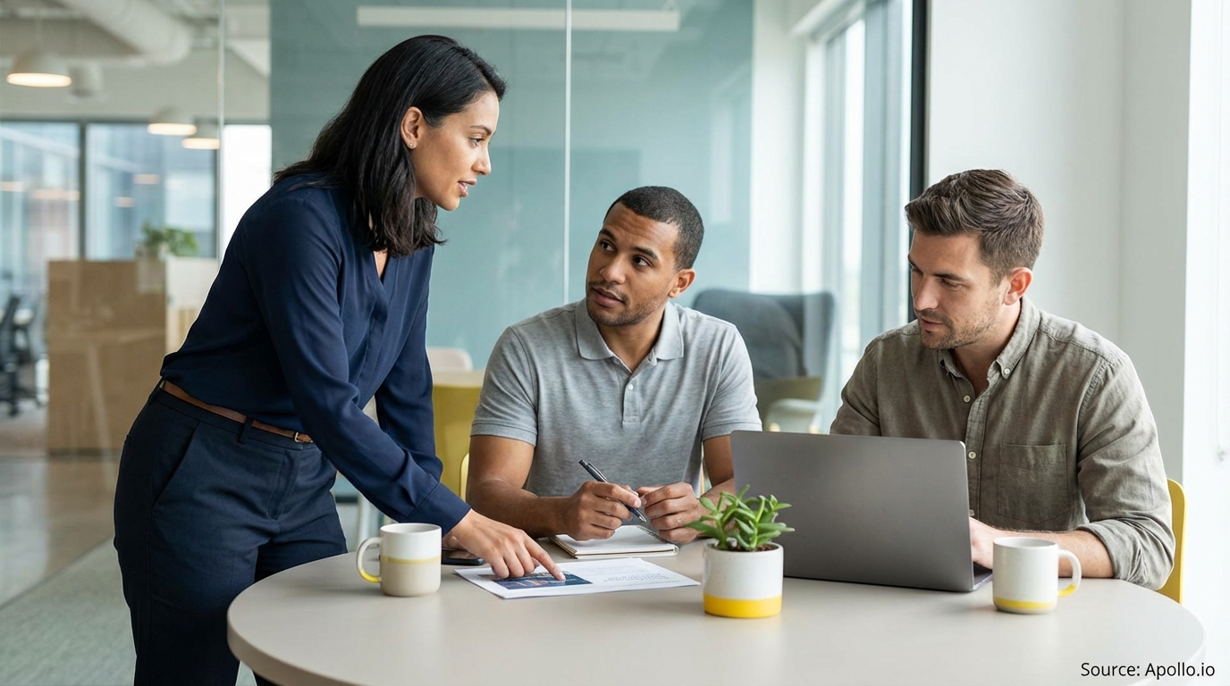 Woman points at documents for two men at a modern office table.