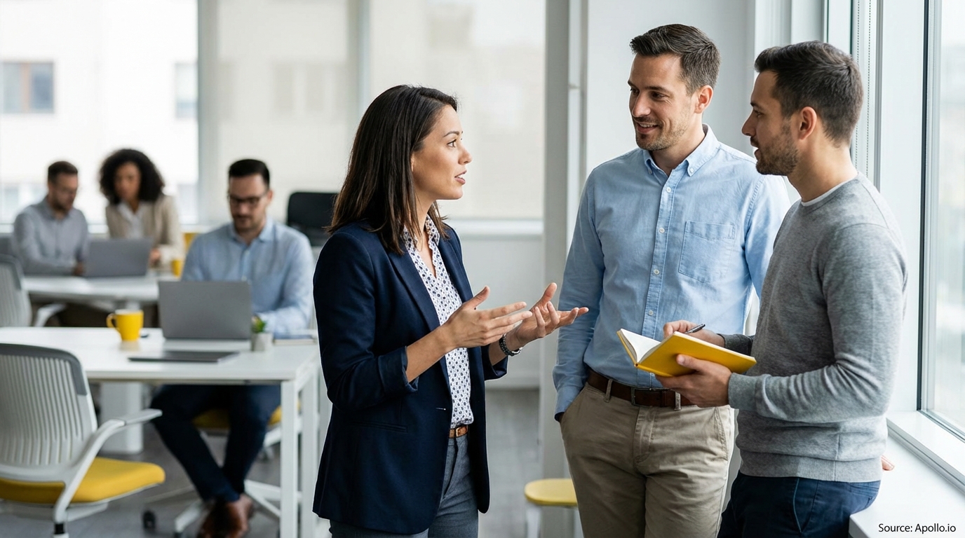 Three colleagues engage in a discussion, with one holding a notebook, in a bright, modern office.