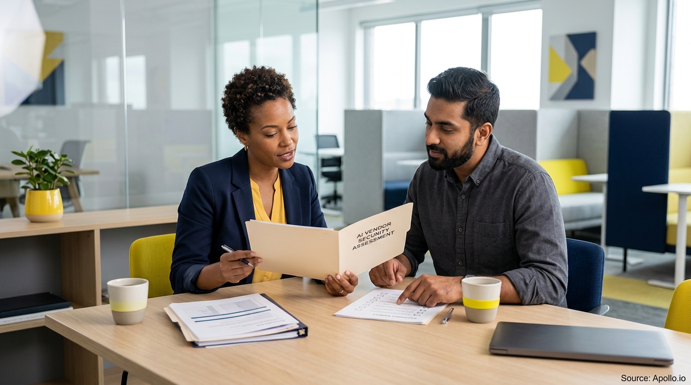 Two professionals review an AI vendor security assessment document at a desk in a modern office.