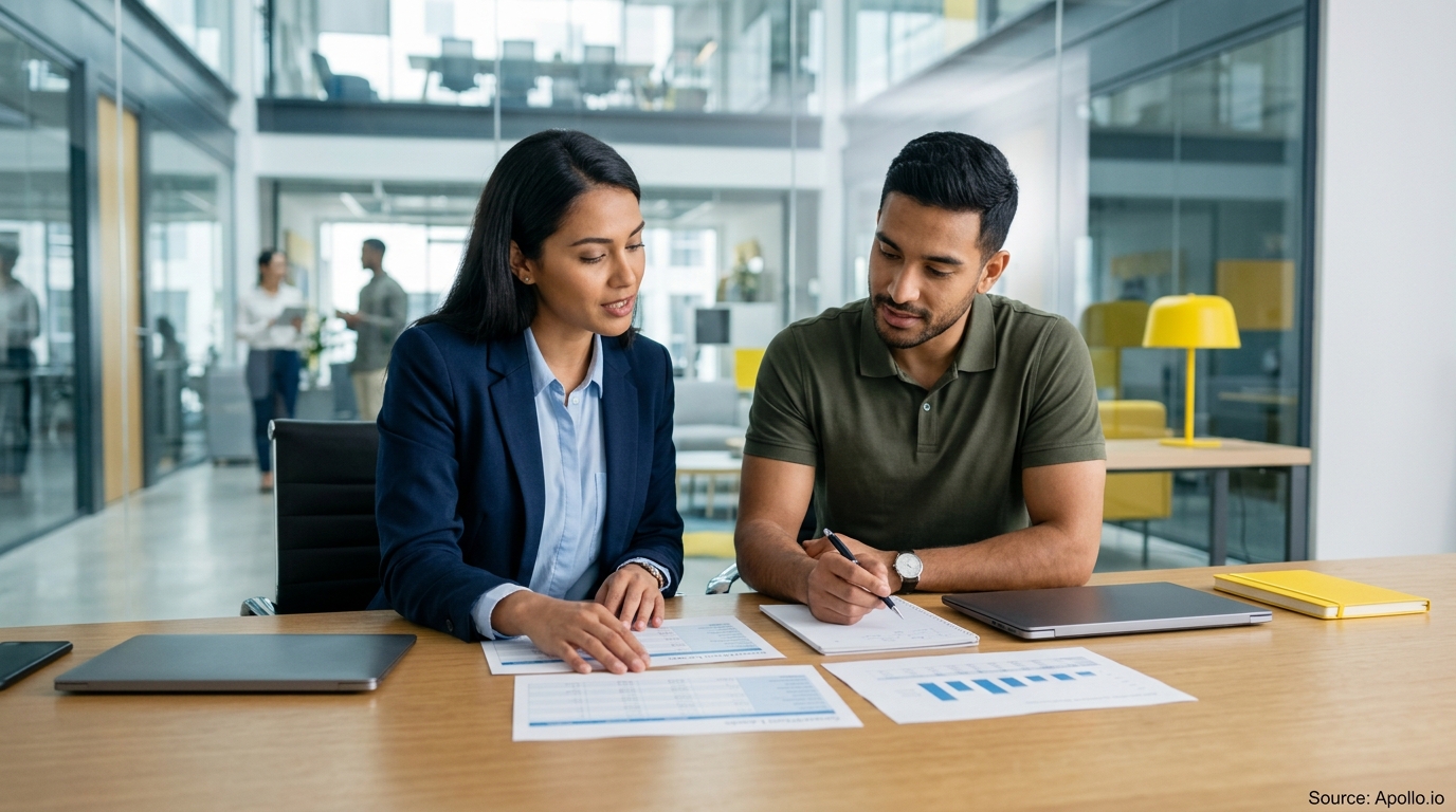Two professionals review printed charts and take notes at a desk in a bright, modern office.