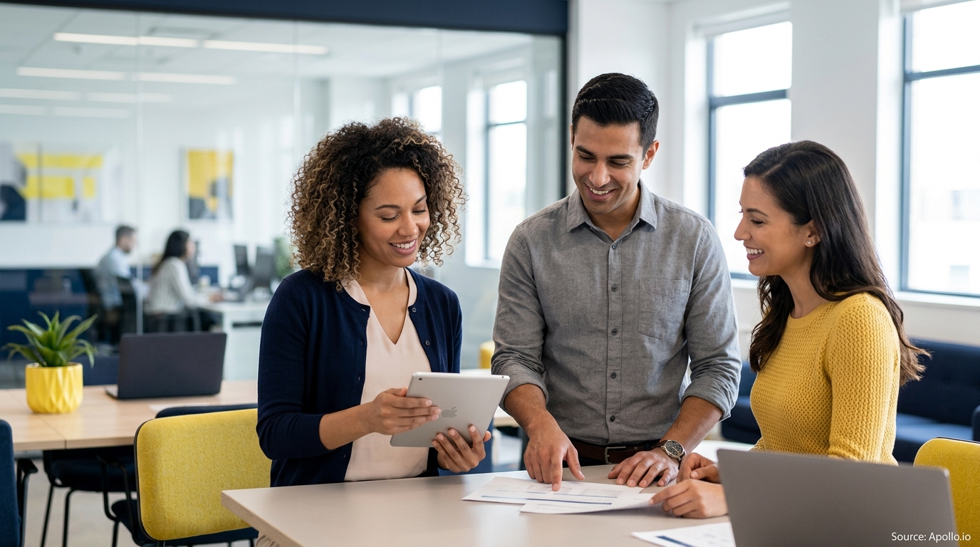 Three professionals review data on a tablet and papers at a table in a bright, modern office.