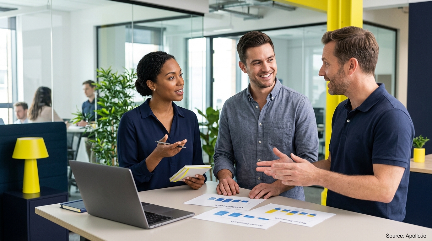 Three professionals stand around an office table reviewing data charts and discussing business strategy.