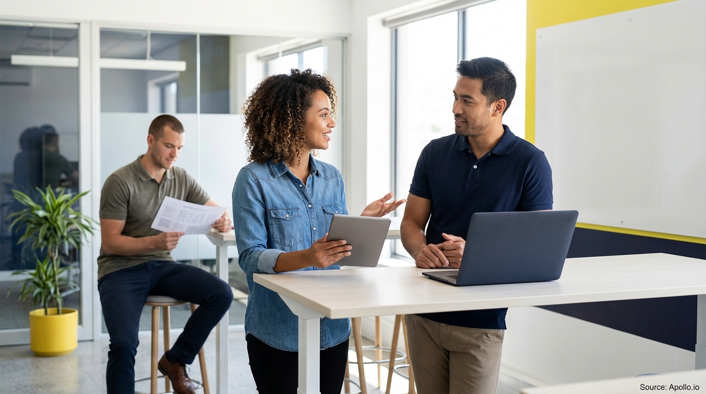 Two colleagues discuss at a standing desk with devices; another reads in a modern office.