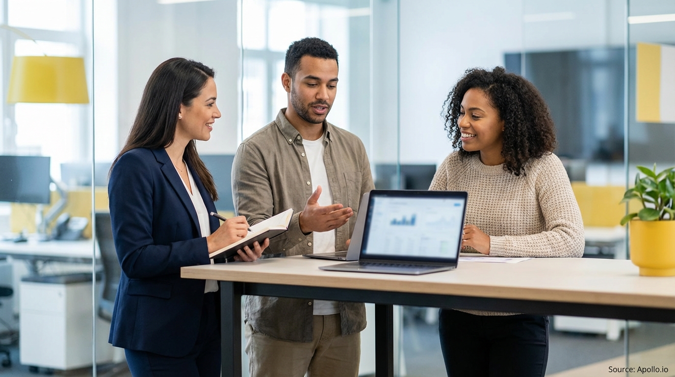 Three colleagues collaborate on a laptop at a standing desk in a modern office.