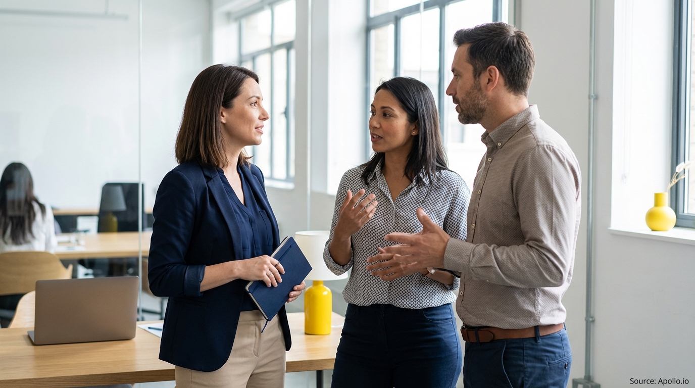 Three professionals discussing and gesturing in a bright office.