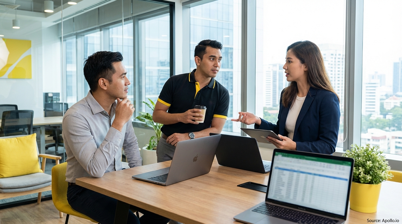 Three colleagues collaborate at a modern office table with laptops, overlooking a city.
