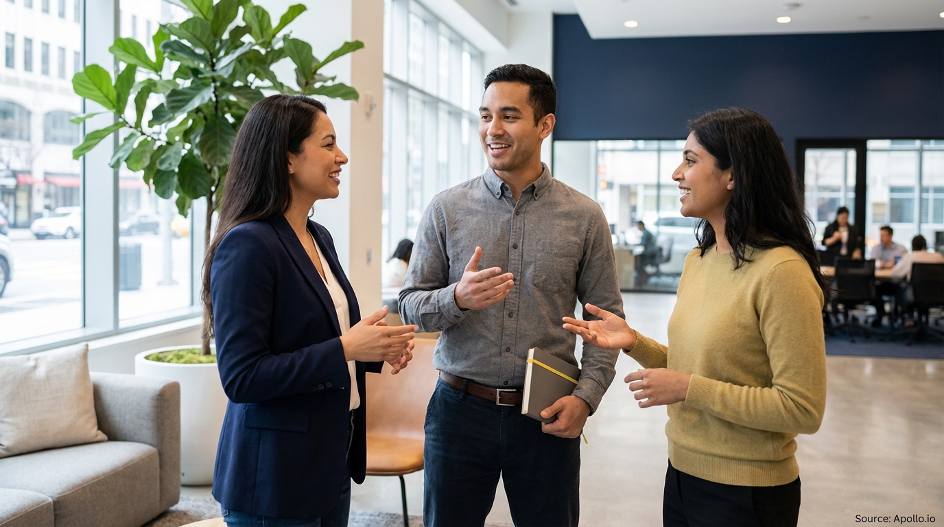 Three diverse professionals happily conversing in a bright, modern office lobby.