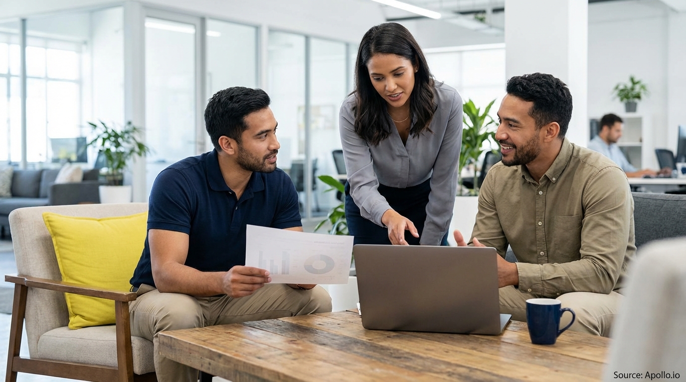 Three colleagues review analytics on a laptop and document at a modern office table.