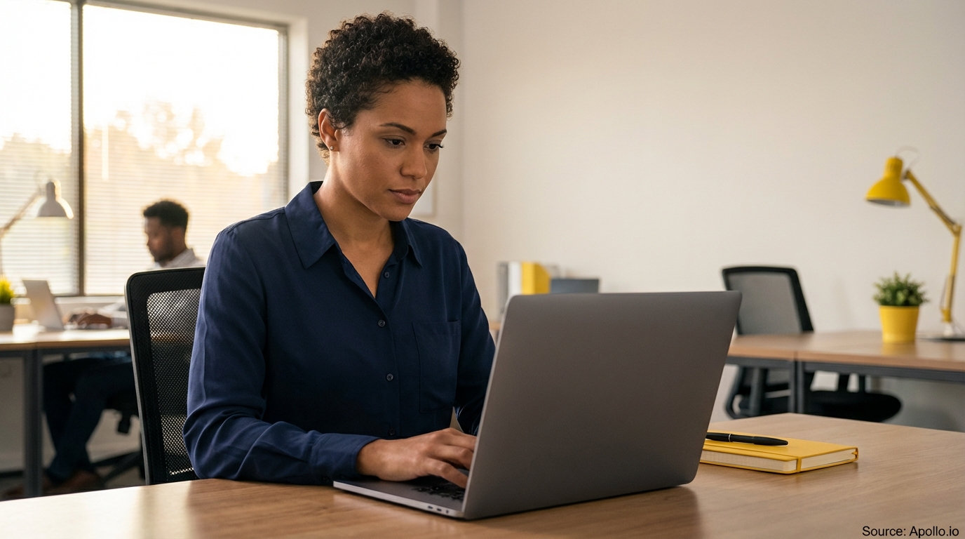 Two people work on laptops at desks in a bright, modern office.