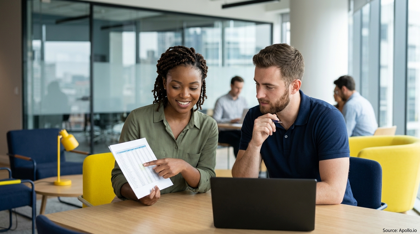 Two colleagues examine a printed data spreadsheet and laptop at a table in a modern office setting.
