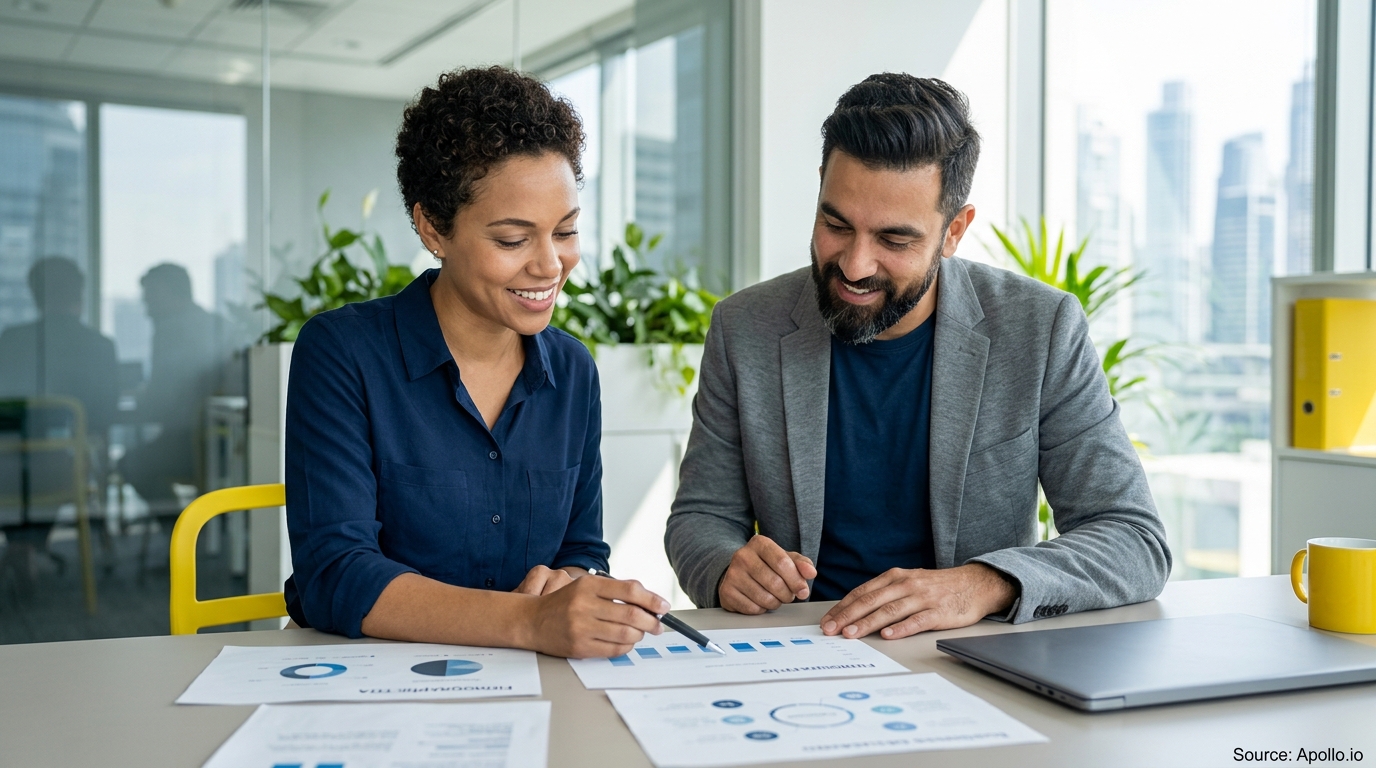 Two professionals analyze data charts and business reports at a table in a bright, modern office.