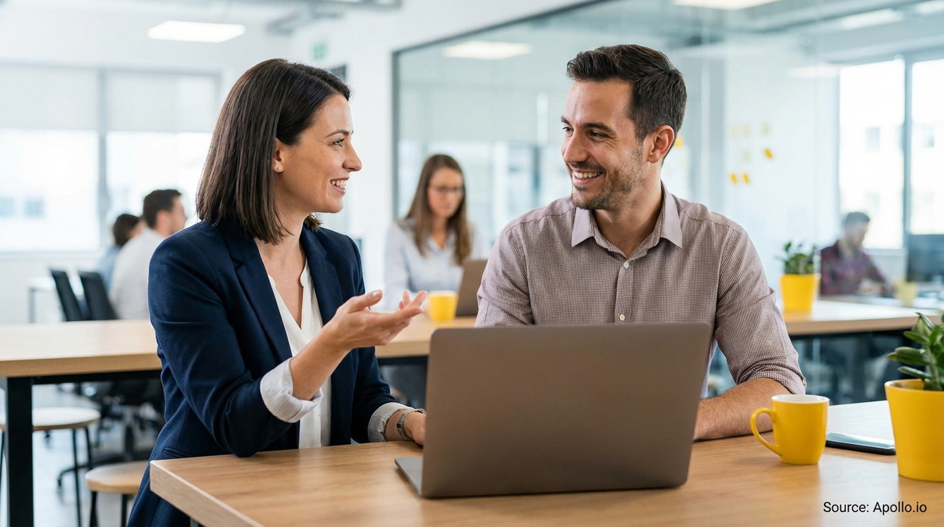 Two smiling professionals discuss work at a modern office desk with laptops.