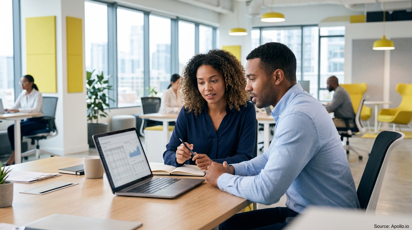 Two professionals review data on a laptop together at a desk in a bright, modern office.