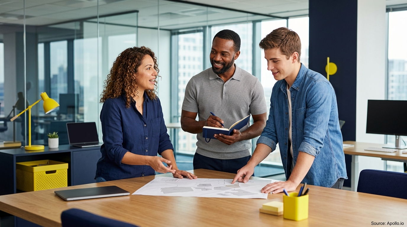 Three professionals collaborate around a wooden table reviewing documents in a bright, modern office.