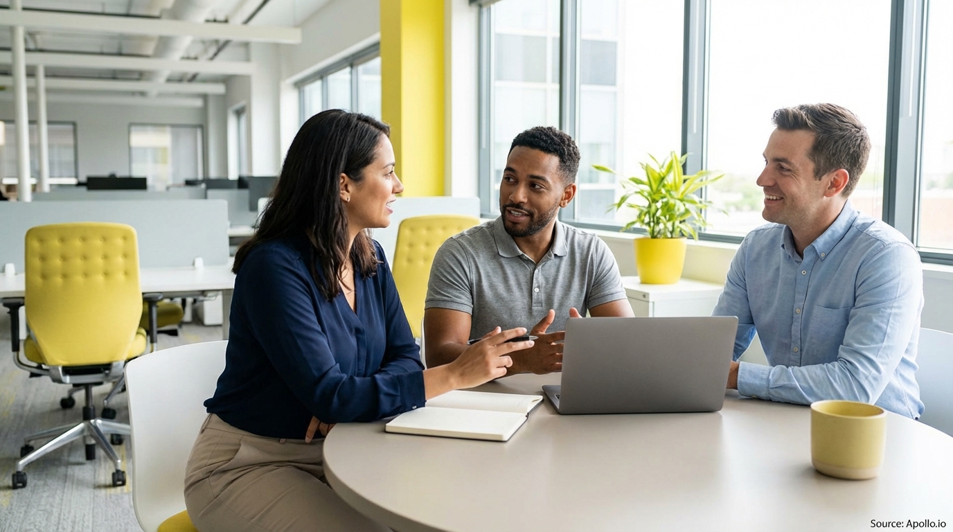 Three professionals discuss work at a modern office table.