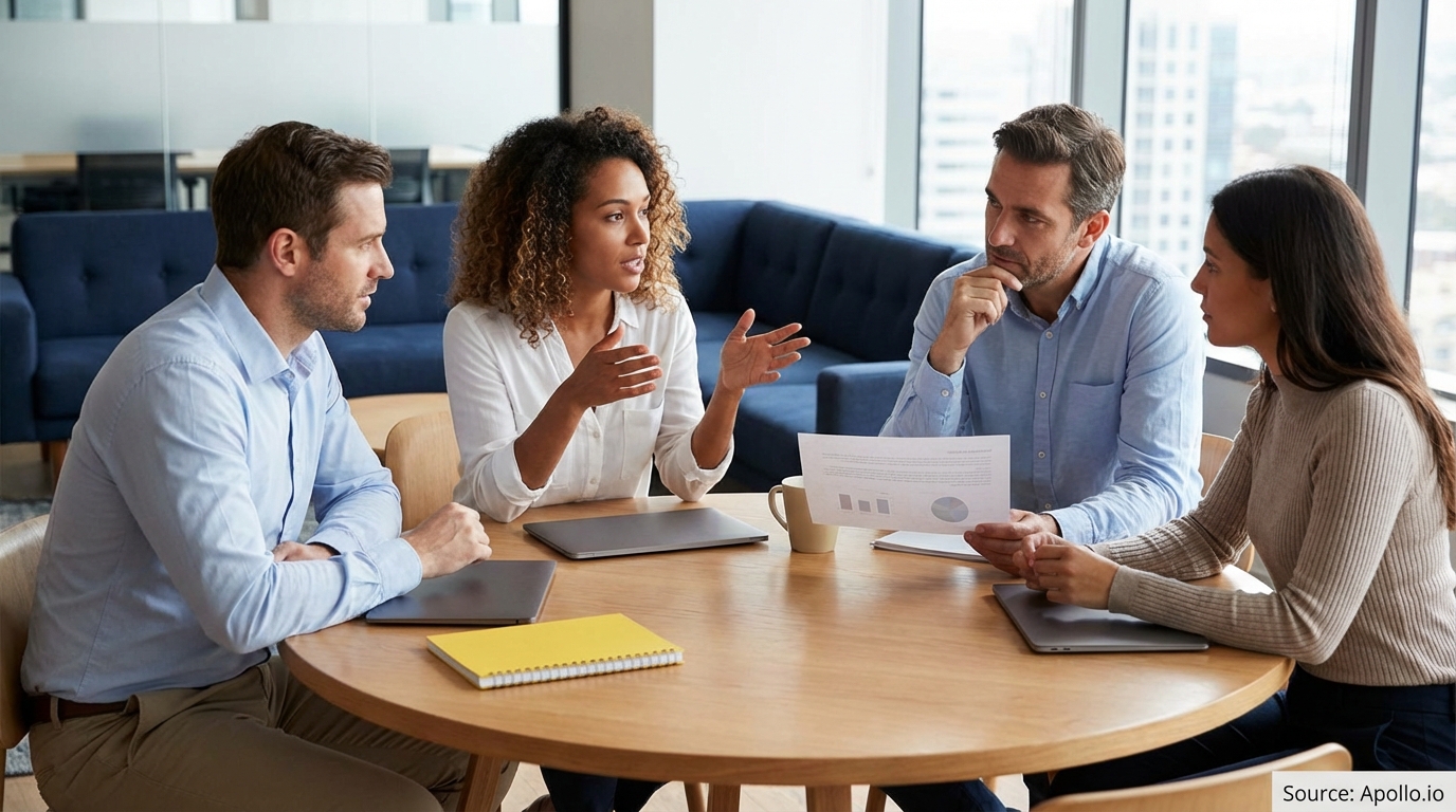 Four business professionals discuss documents around a table in a modern office.