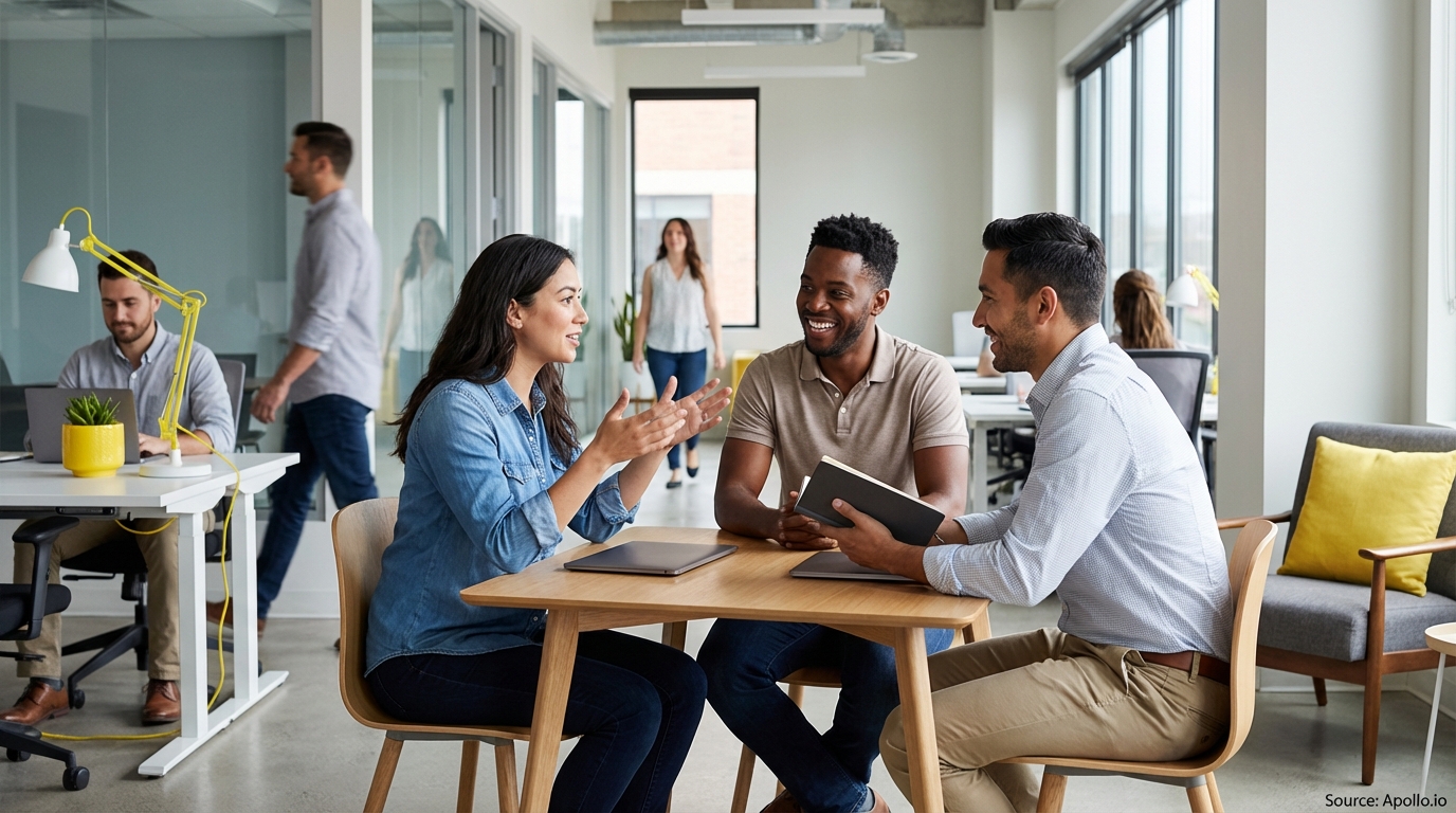 Three professionals discussing in a bustling open-plan office.