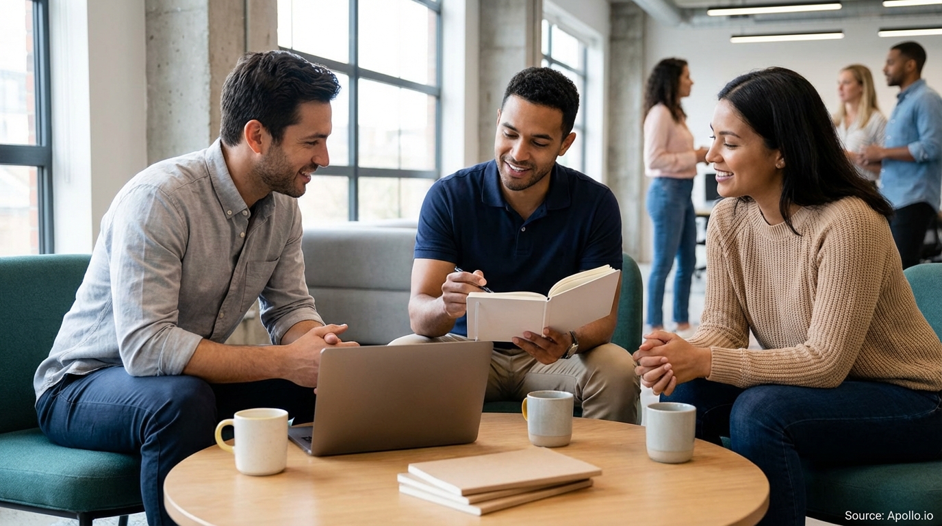 Three colleagues discussing at a modern office table with a laptop and notebooks.