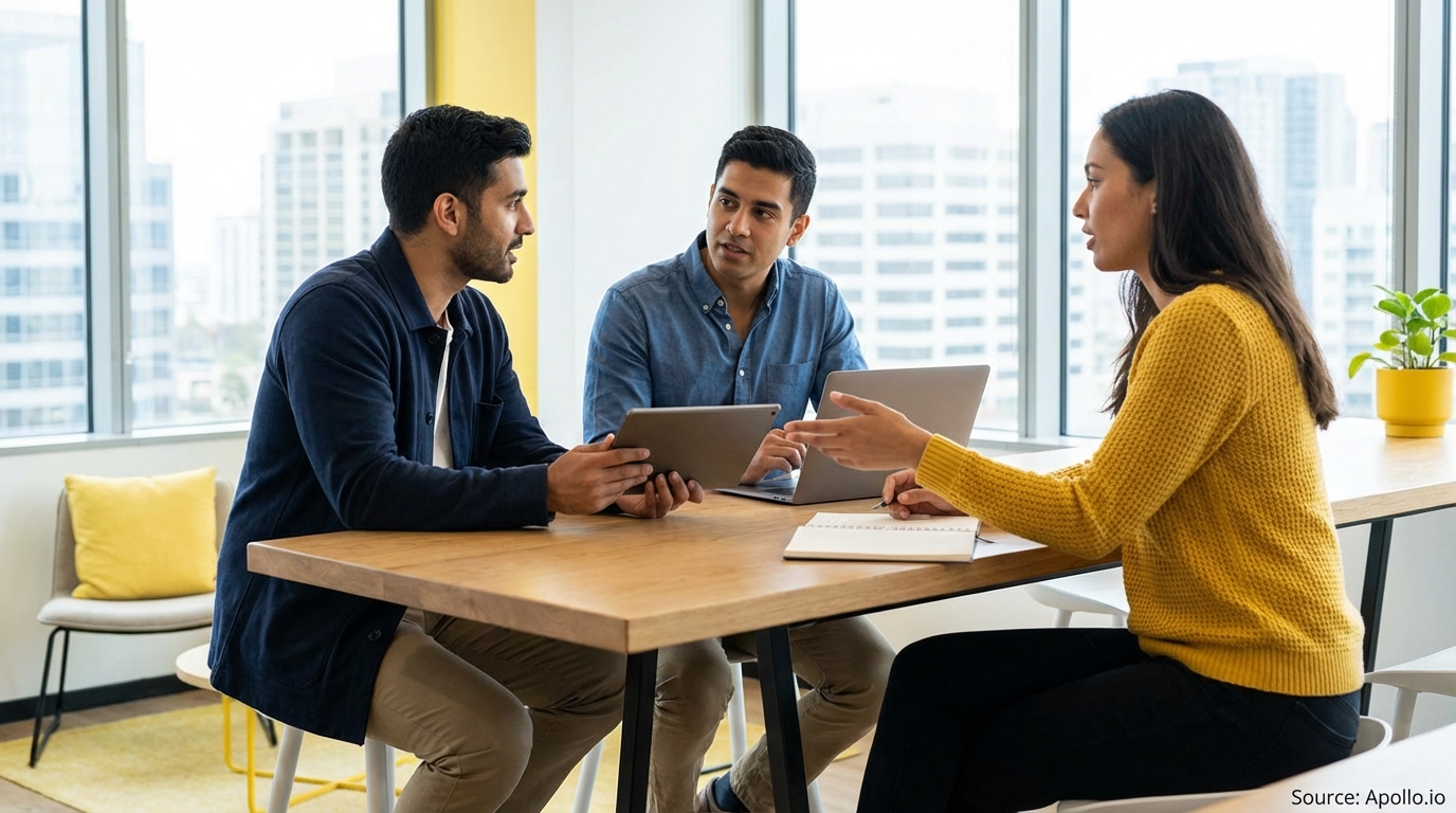Three professionals collaborate at a modern office table with a tablet and laptop.