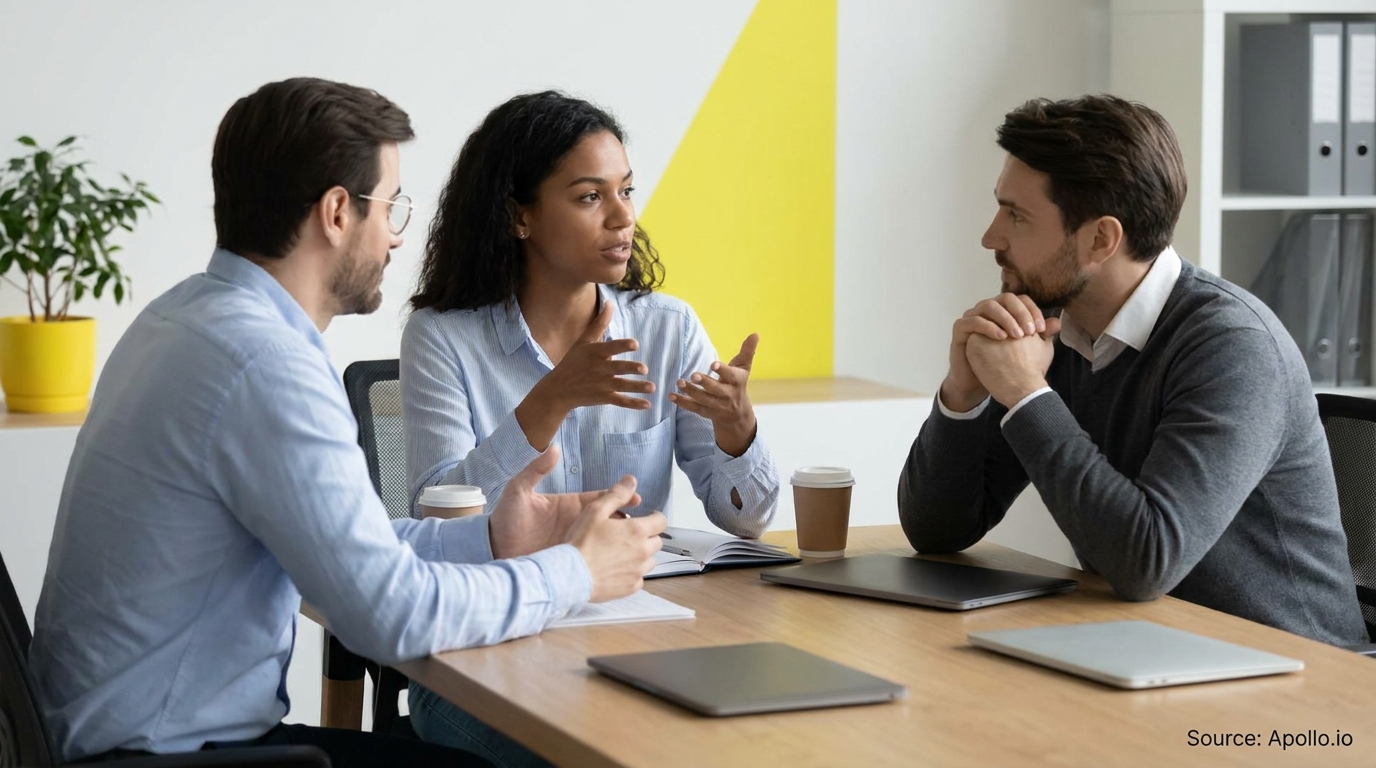 Three professionals discuss at an office table with laptops, coffee, and notebooks.