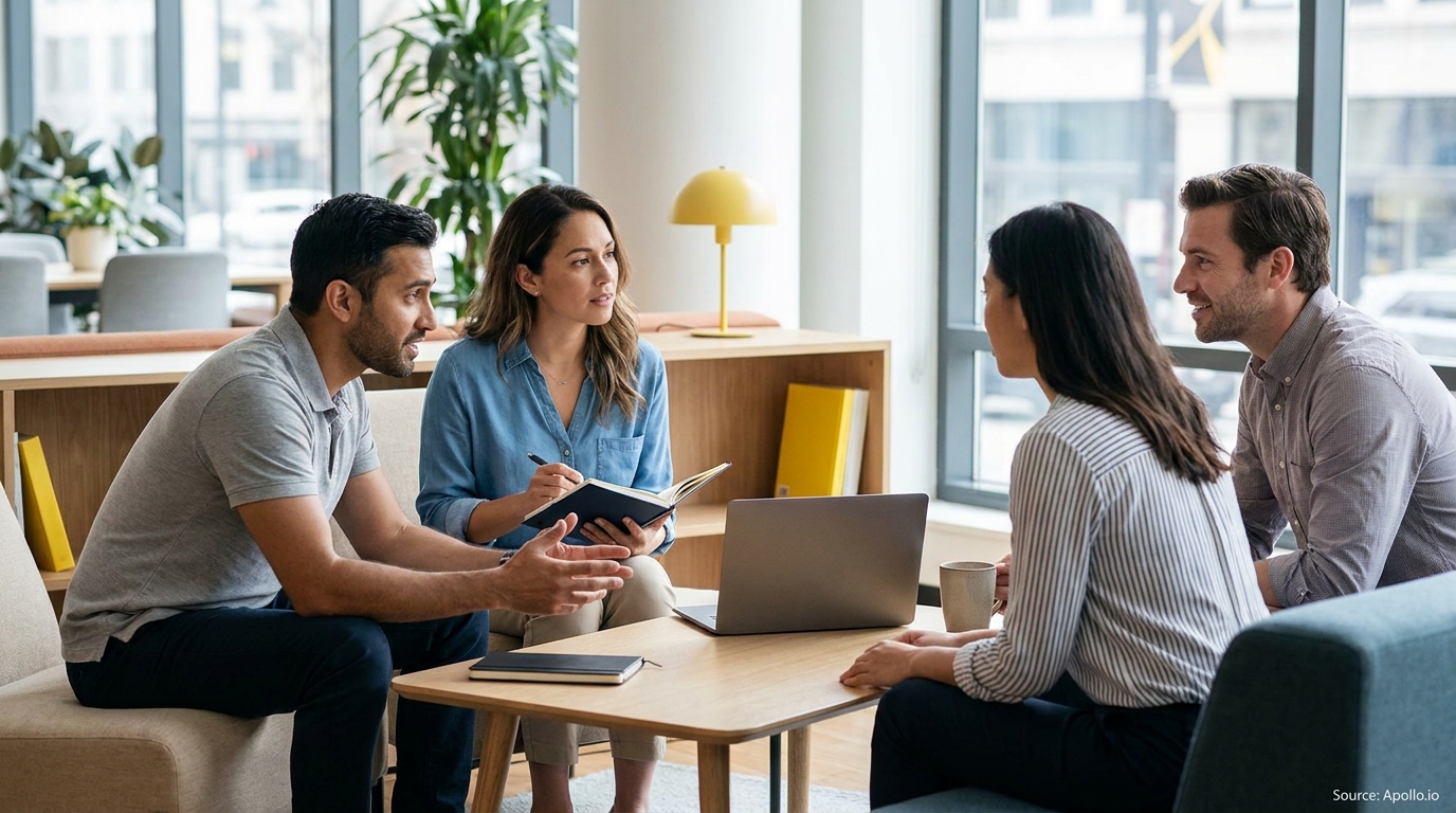 Four colleagues discuss and take notes in a bright, modern office.