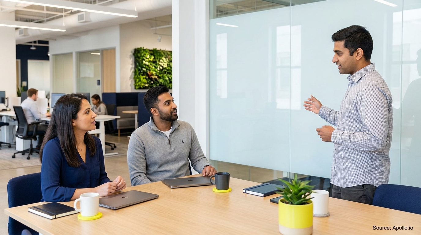 Three professionals meet at a table in a bright office, one speaking and two listening.