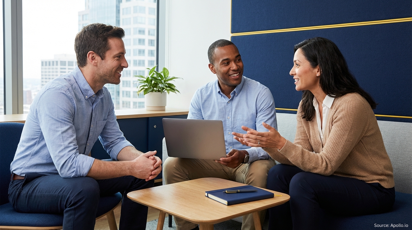 Three professionals are discussing strategy in a modern office, one with a laptop.