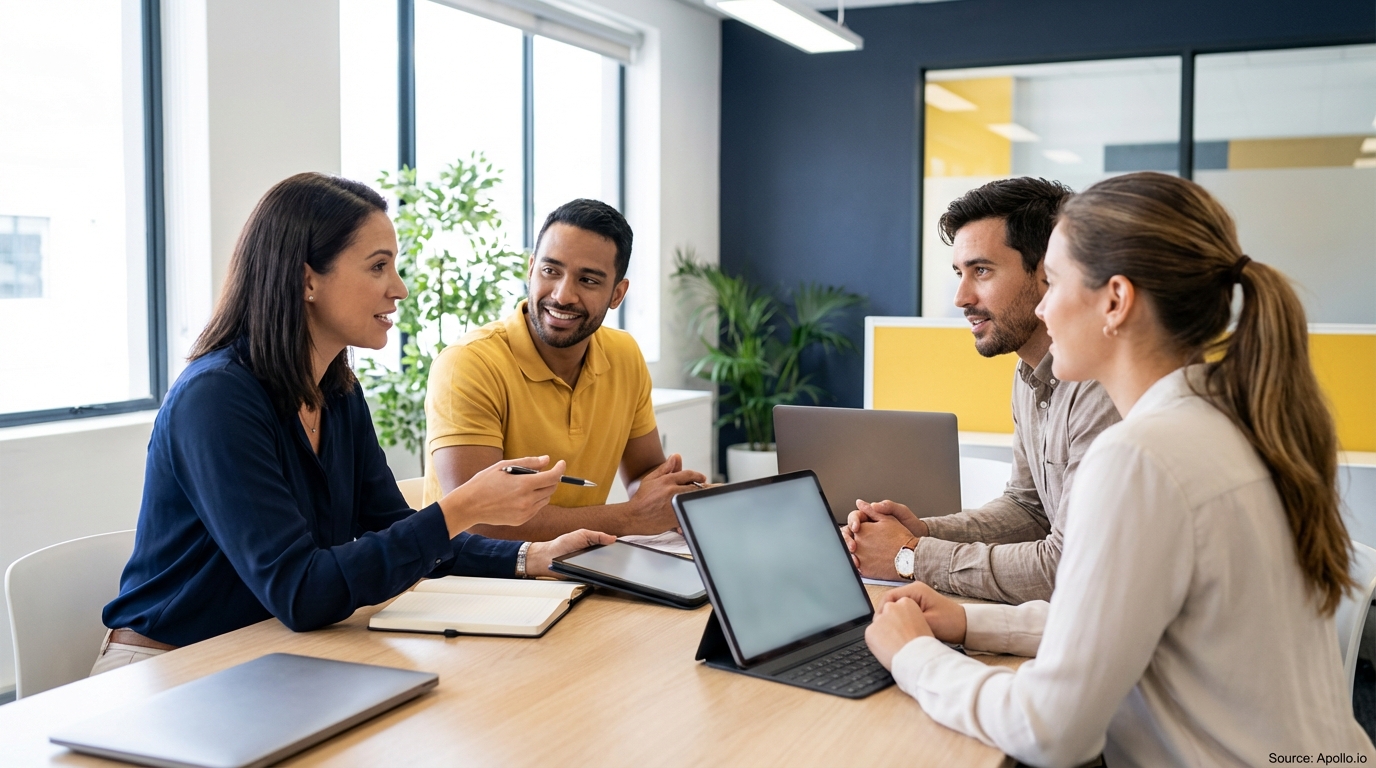 Four diverse colleagues meeting at a modern office table with laptops.