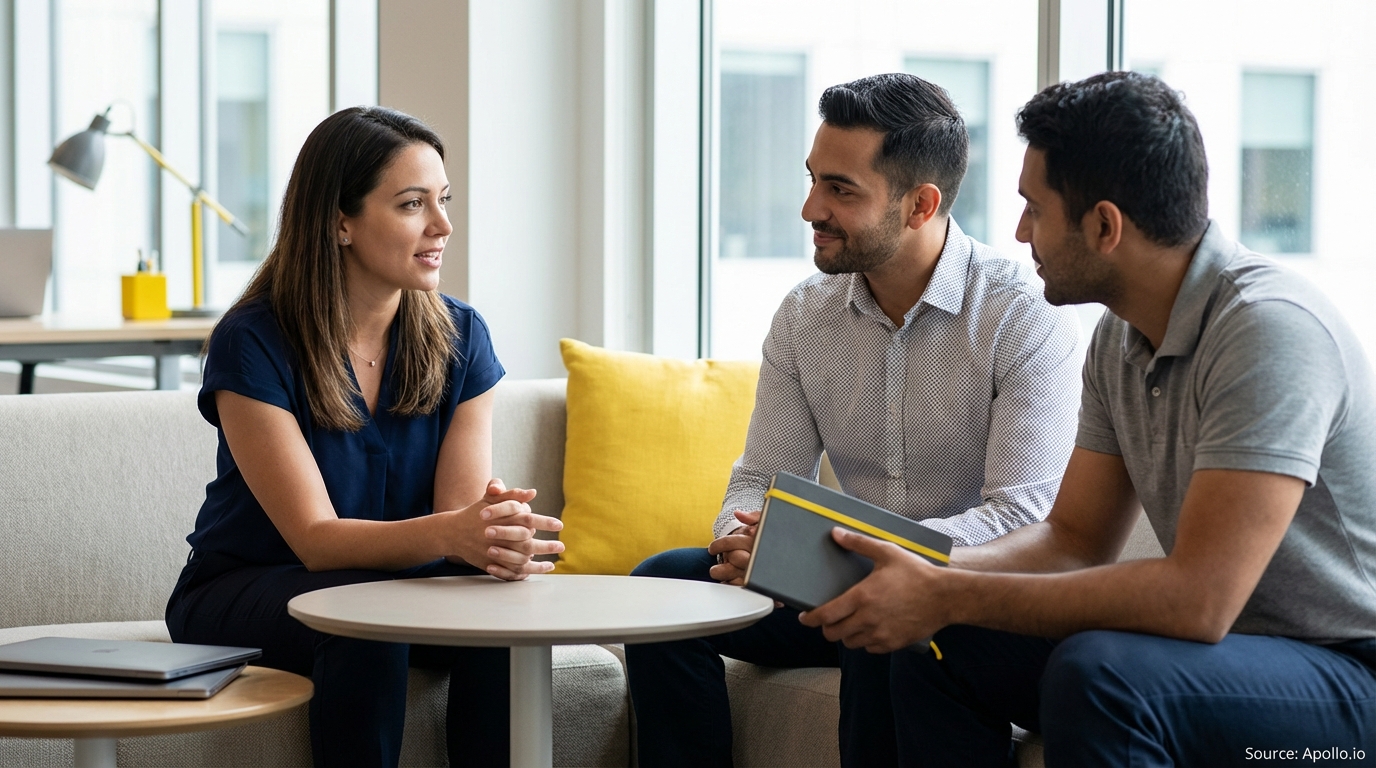 Three professionals engaged in conversation in a modern office lounge.