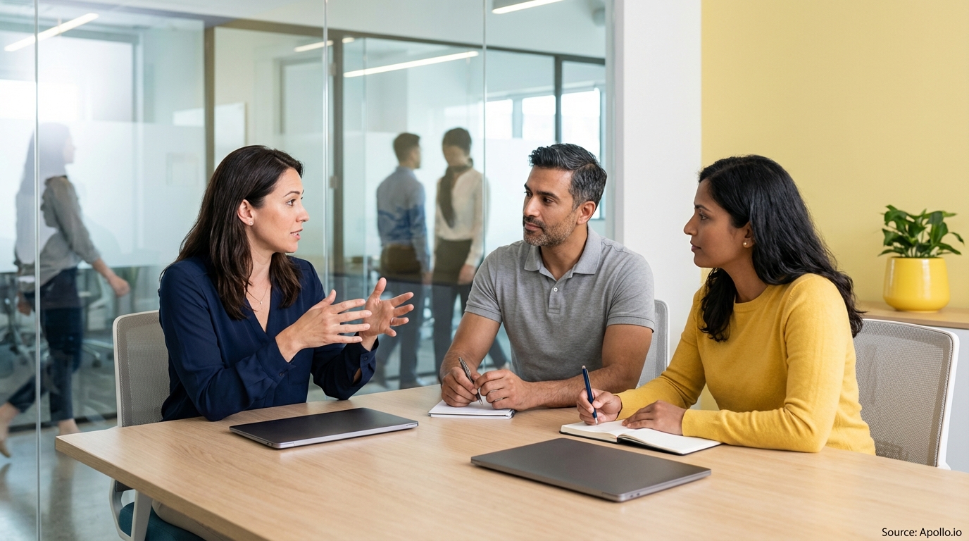 Three professionals discuss at a modern office table, one speaking while two take notes.