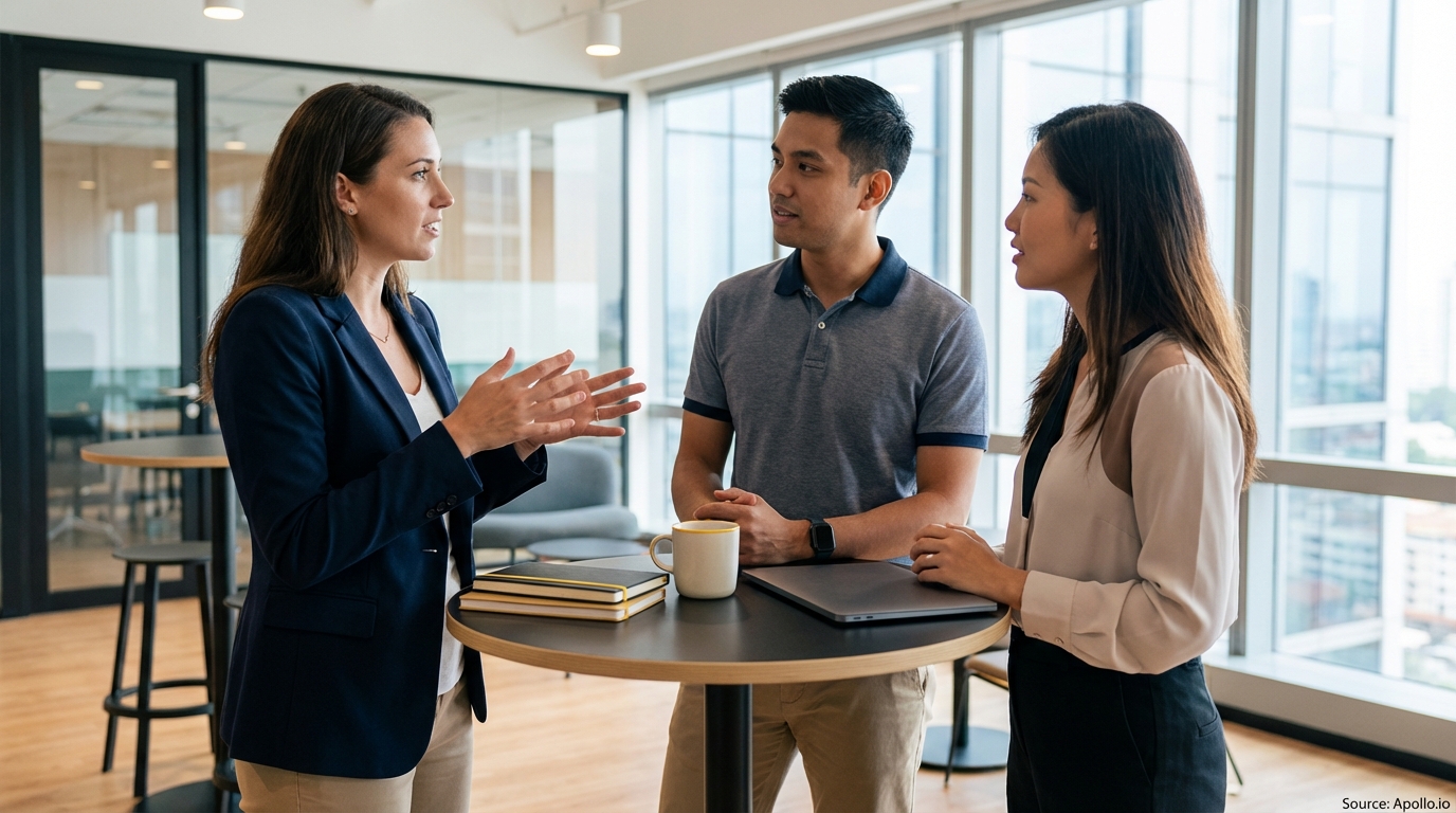 Three professionals discuss around a modern office table, one gesturing while speaking.