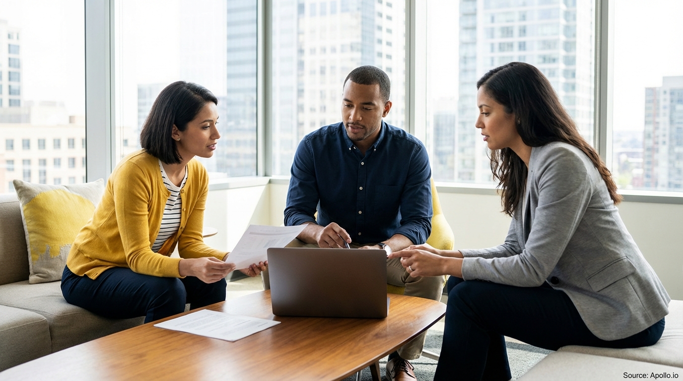 Three professionals discuss documents and a laptop in a modern office overlooking a city.